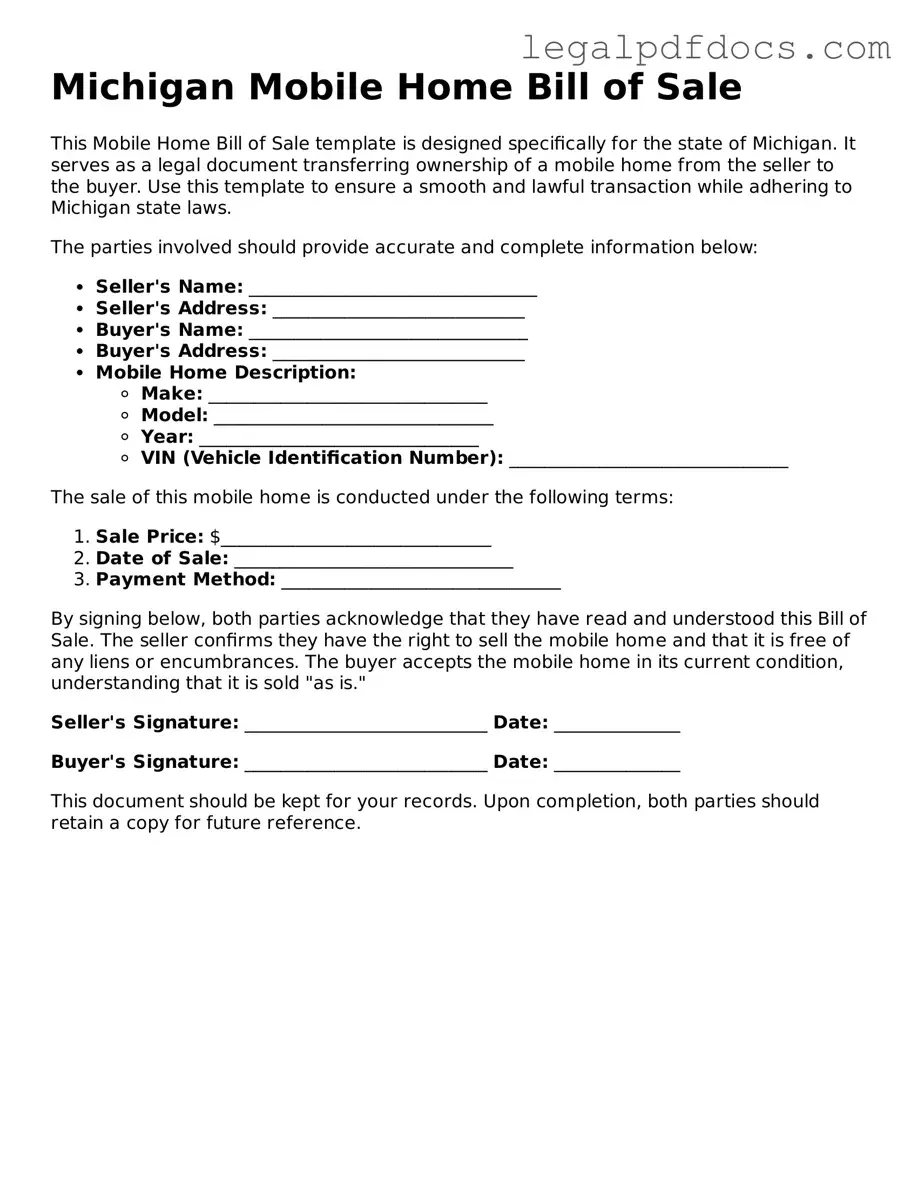 Official  Mobile Home Bill of Sale Form for Michigan