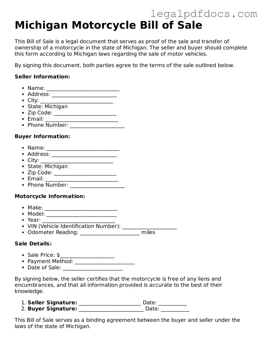 Official Motorcycle Bill of Sale Form for Michigan
