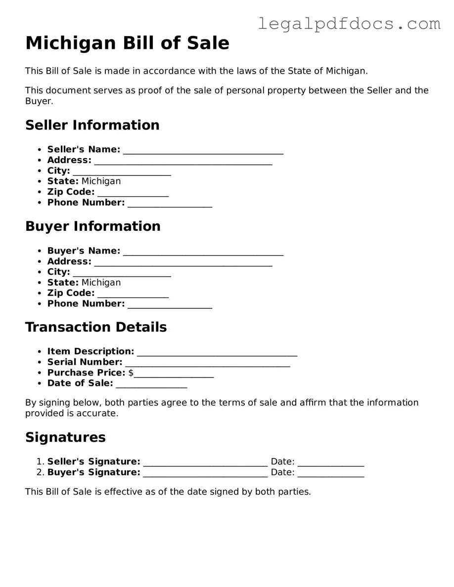 Official Bill of Sale Form for Michigan