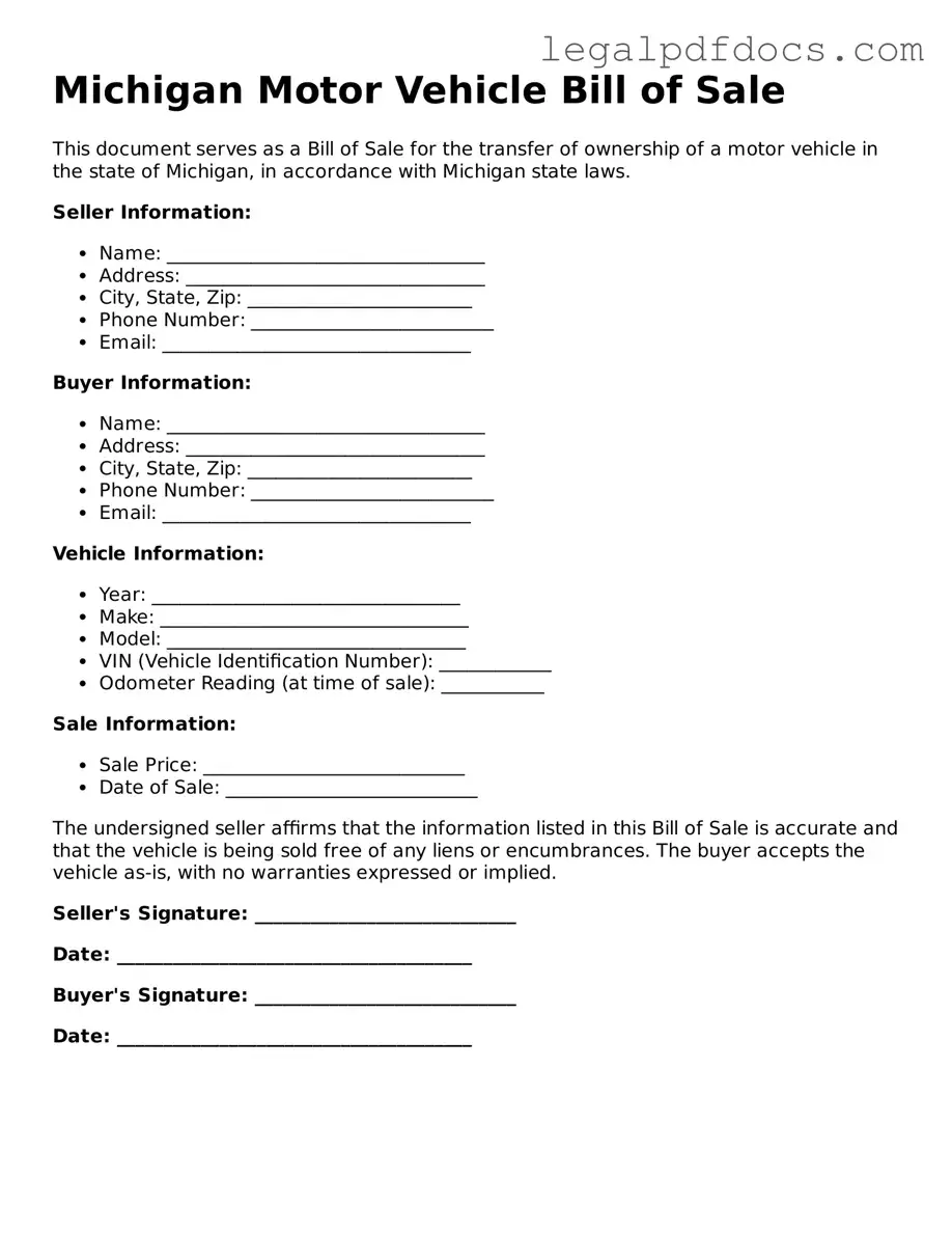 Official  Motor Vehicle Bill of Sale Form for Michigan