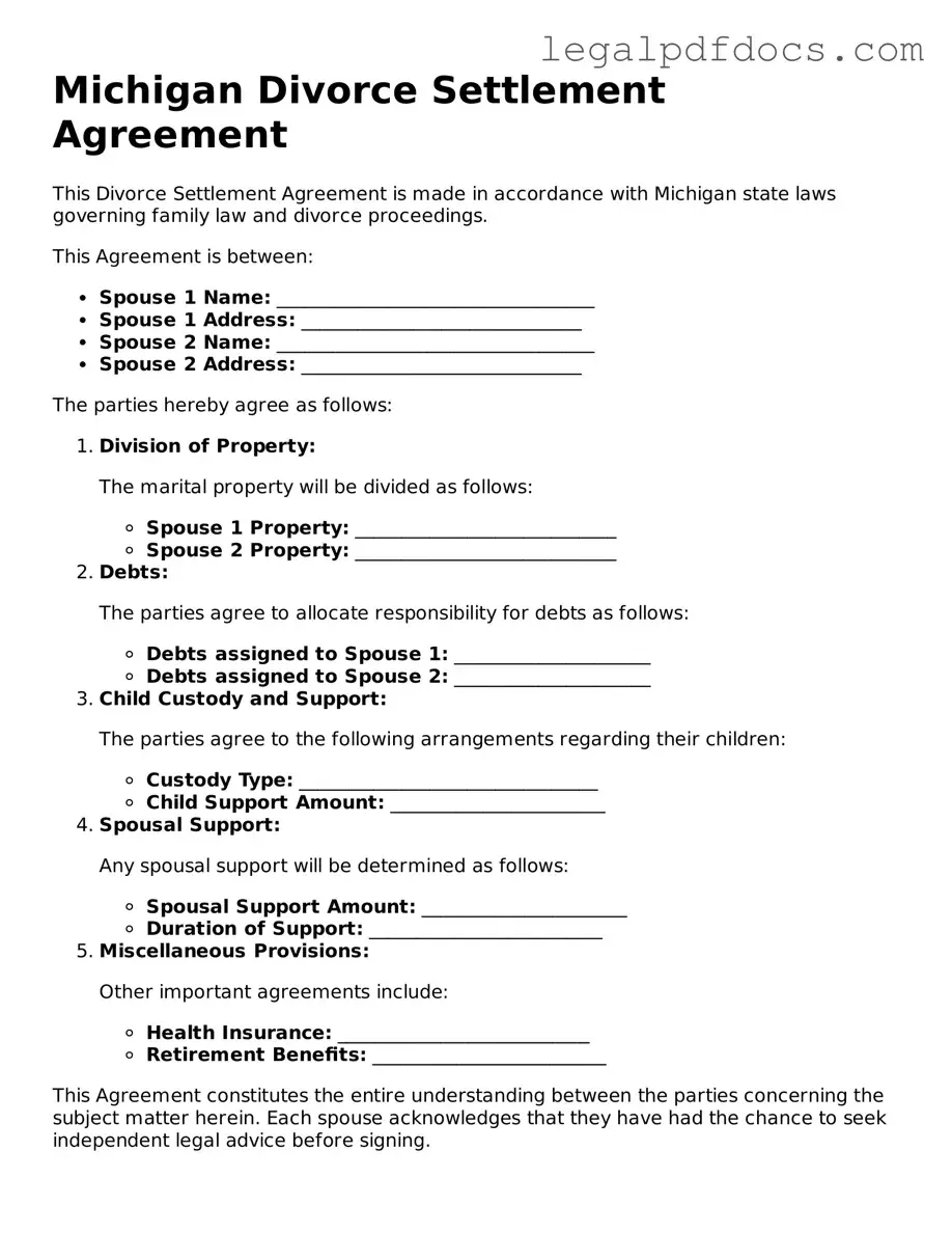 Official Divorce Settlement Agreement Form for Michigan