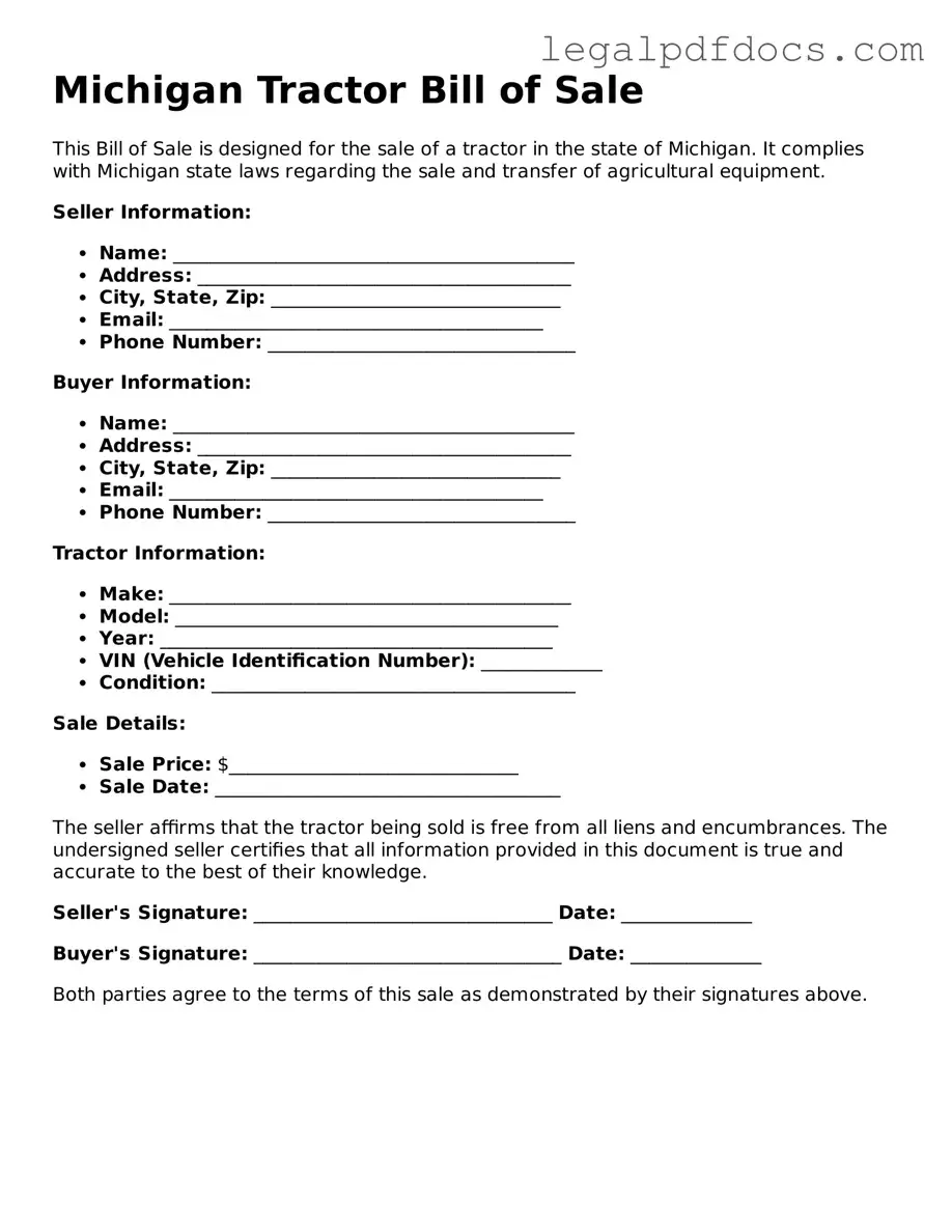 Official  Tractor Bill of Sale Form for Michigan