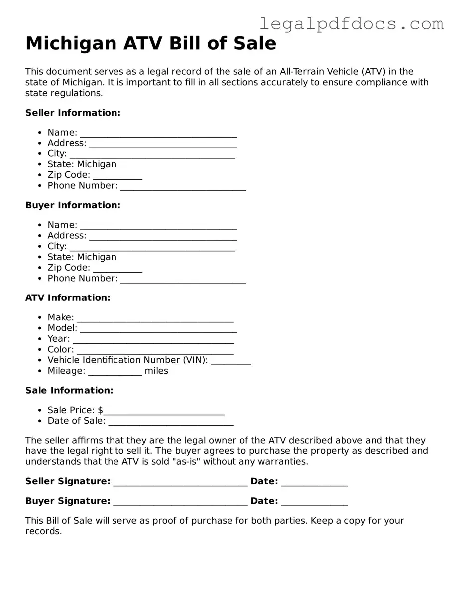 Official  ATV Bill of Sale Form for Michigan
