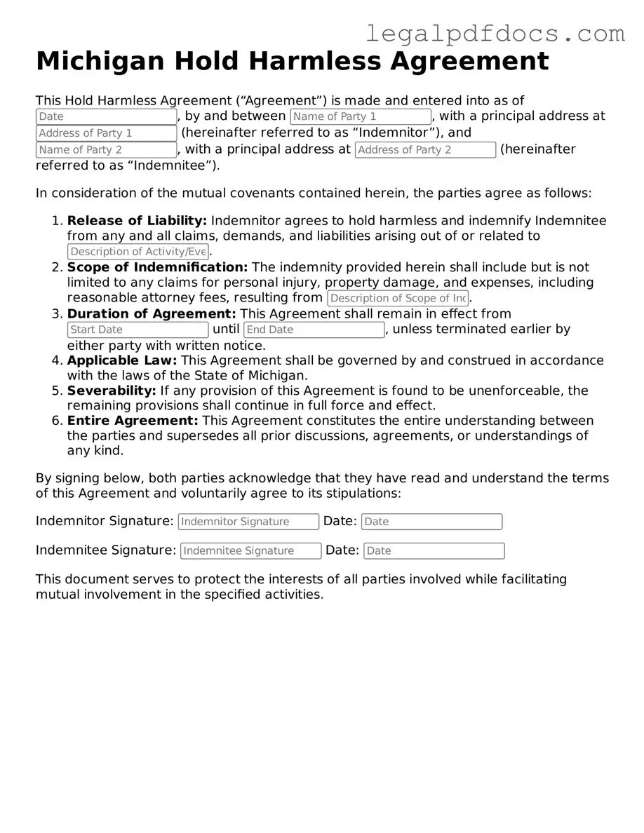 Official  Hold Harmless Agreement Form for Michigan