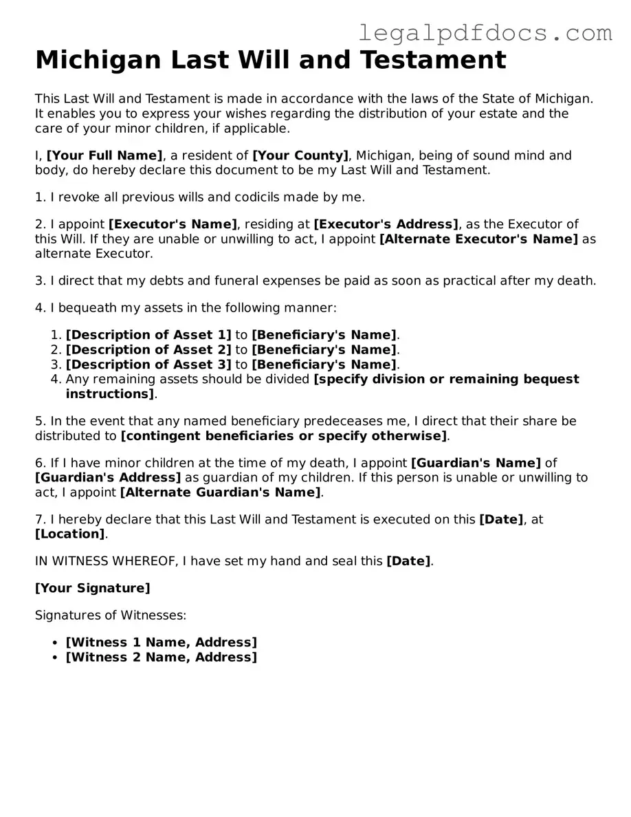 Official  Last Will and Testament Form for Michigan