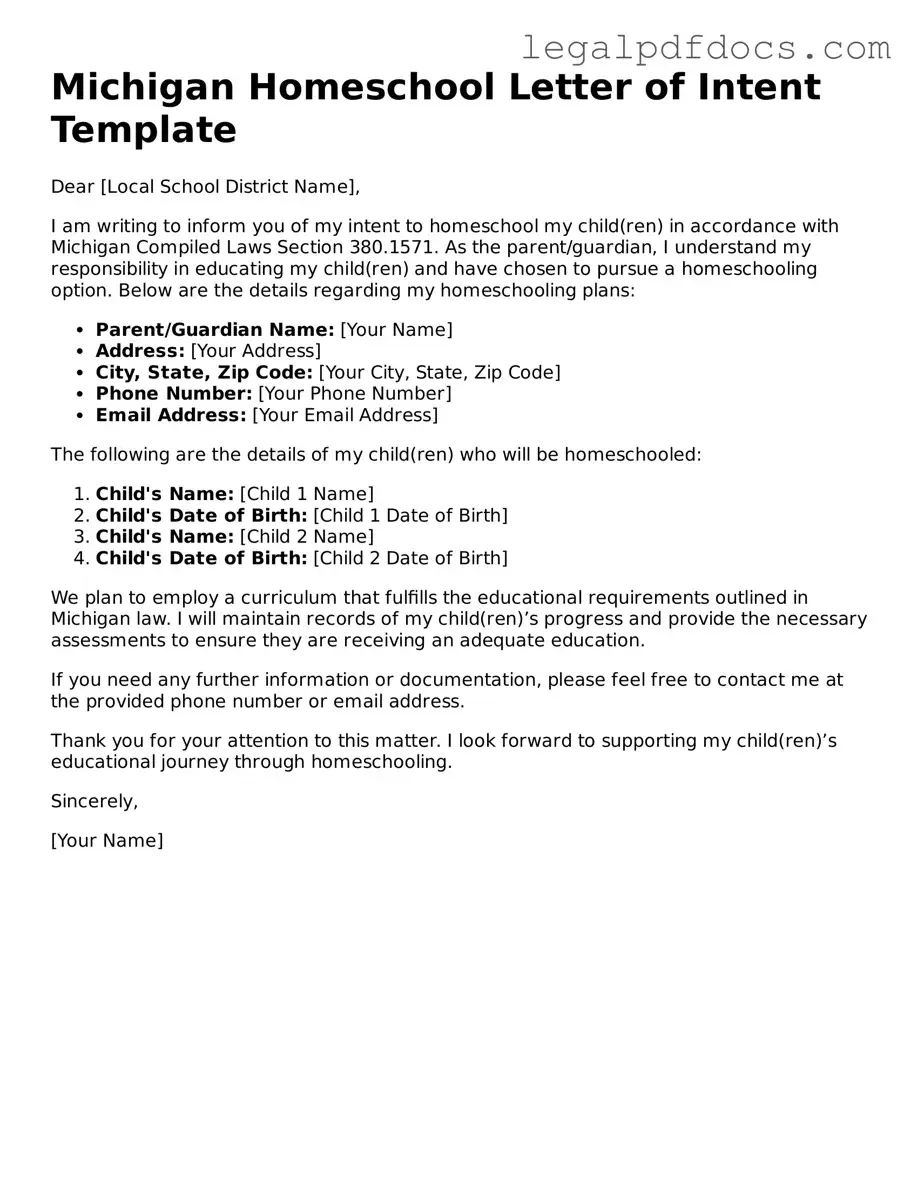 Official Homeschool Letter of Intent Form for Michigan