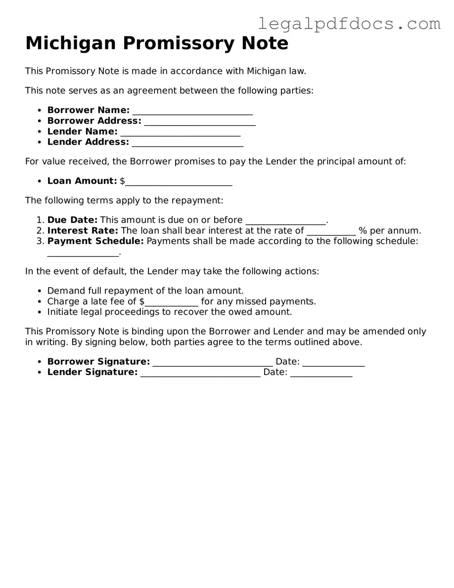 Official  Promissory Note Form for Michigan