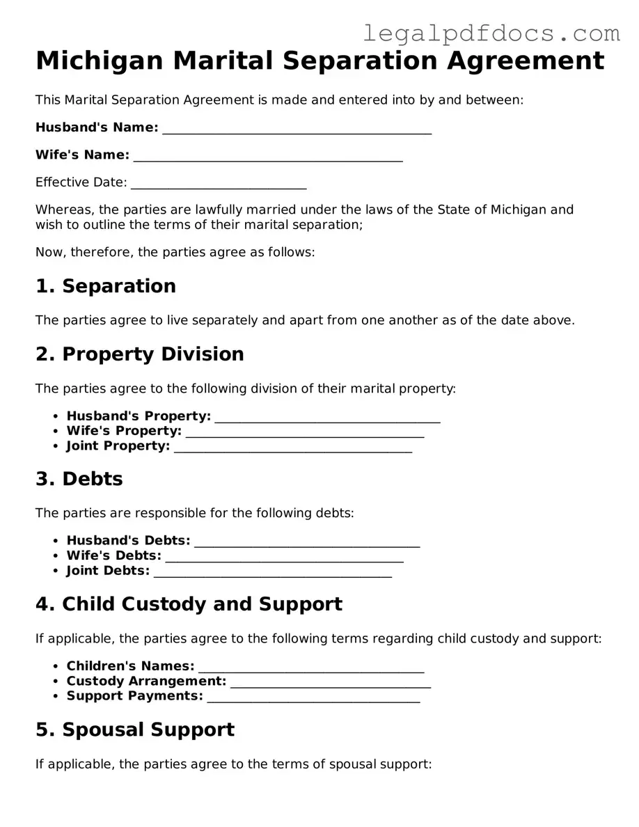 Official Marital Separation Agreement Form for Michigan