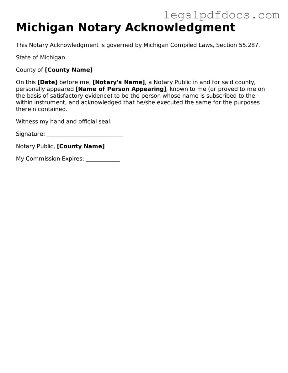 Official Notary Acknowledgement Form for Michigan