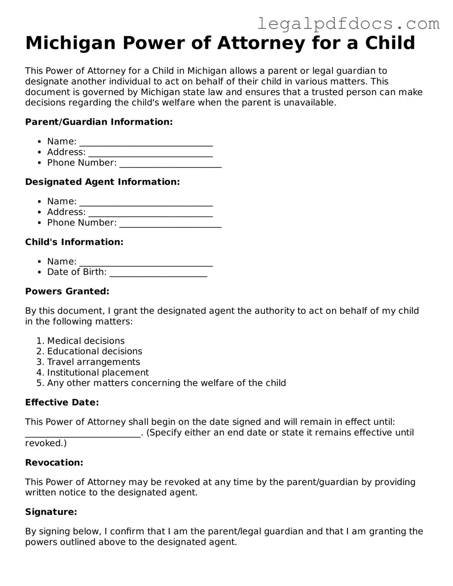 Official  Power of Attorney for a Child Form for Michigan
