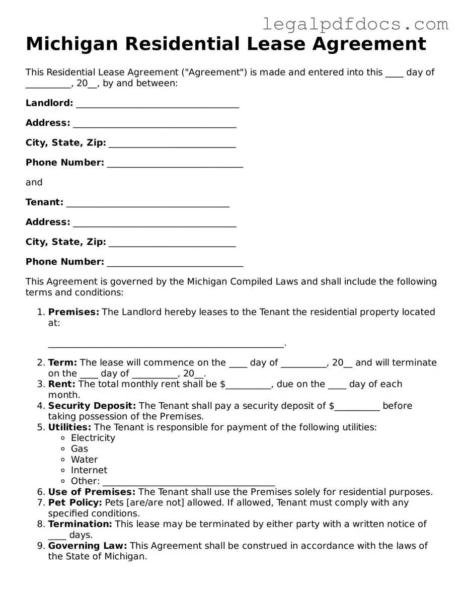 Official Residential Lease Agreement Form for Michigan
