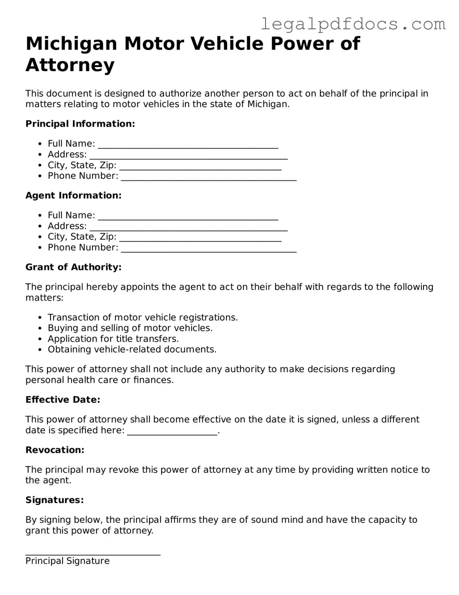 Official Motor Vehicle Power of Attorney Form for Michigan