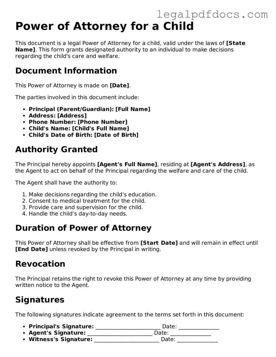 Power of Attorney for a Child Template