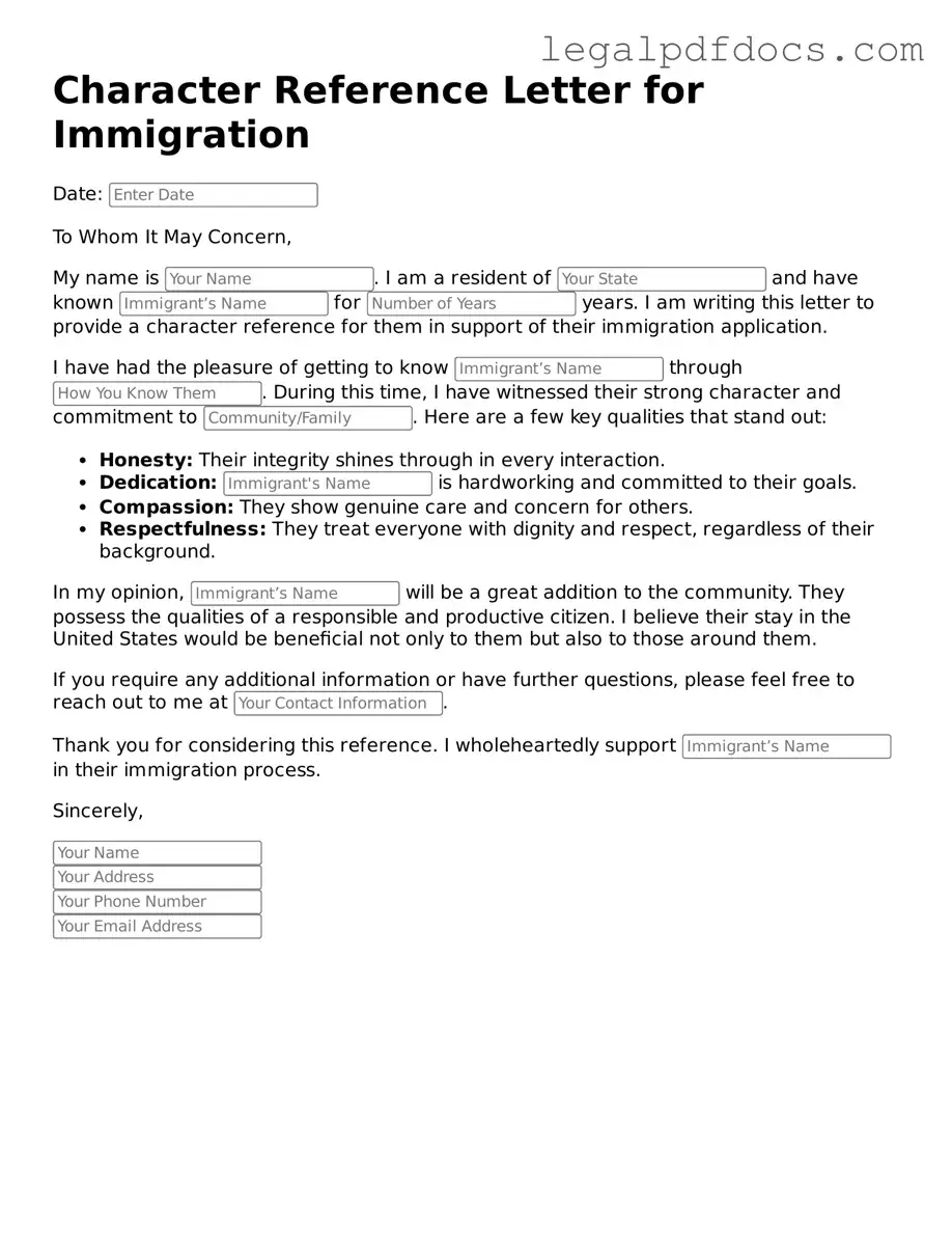 Character Reference Letter for Immigration Template