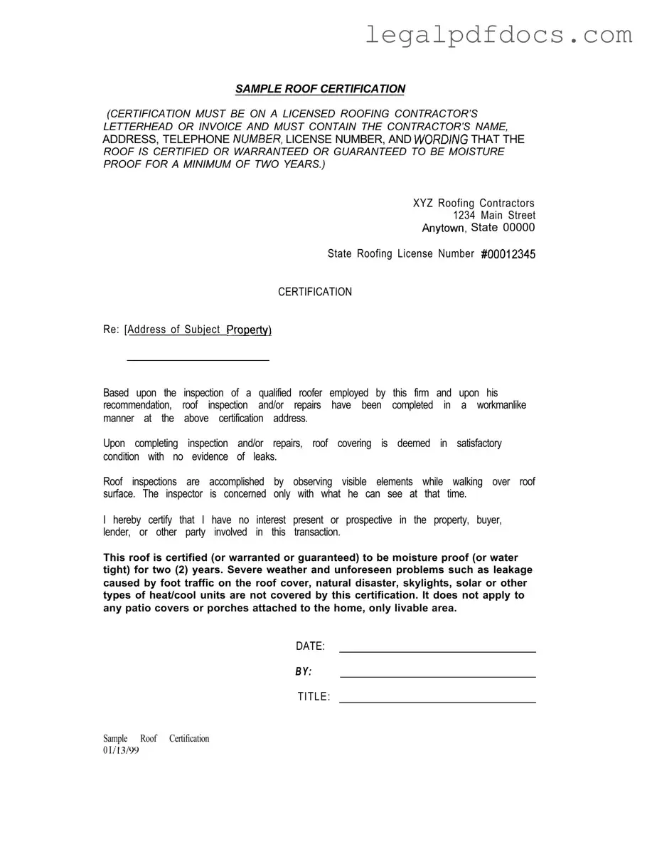 Fill Out a Valid Sample Roof Certification Template