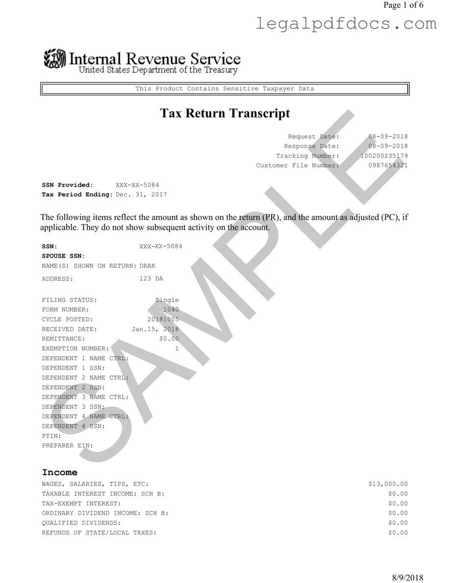 Fill Out a Valid Sample Tax Return Transcript Template