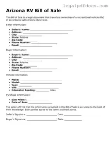 Official  RV Bill of Sale Form for Arizona