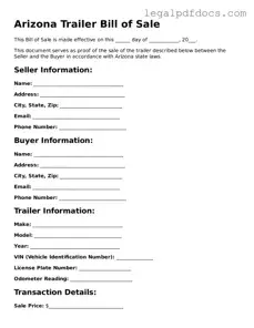 Official  Trailer Bill of Sale Form for Arizona