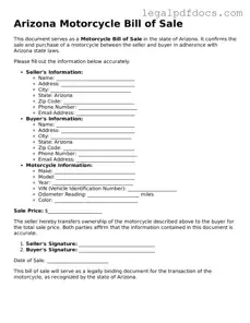 Official  Motorcycle Bill of Sale Form for Arizona