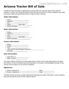 Official  Tractor Bill of Sale Form for Arizona