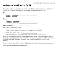 Official  Notice to Quit Form for Arizona