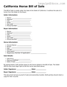 Official  Horse Bill of Sale Form for California