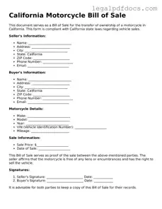 Official  Motorcycle Bill of Sale Form for California