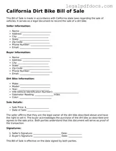 Official  Dirt Bike Bill of Sale Form for California
