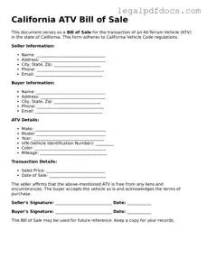 Official  ATV Bill of Sale Form for California