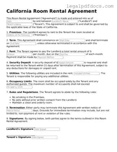 Official  Room Rental Agreement Form for California