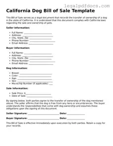 Official  Dog Bill of Sale Form for California