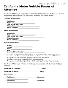 Official  Motor Vehicle Power of Attorney Form for California