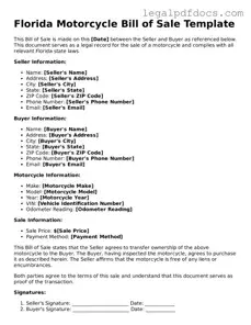 Official  Motorcycle Bill of Sale Form for Florida