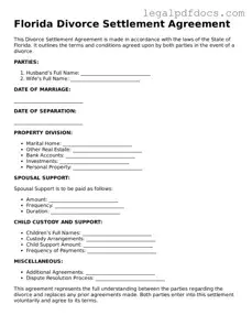 Official  Divorce Settlement Agreement Form for Florida