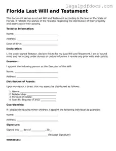 Official  Last Will and Testament Form for Florida