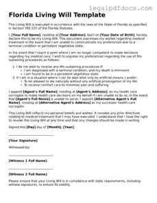 Official  Living Will Form for Florida