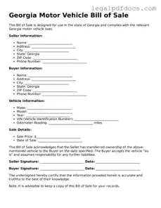 Official  Motor Vehicle Bill of Sale Form for Georgia