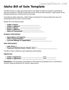 Official  Bill of Sale Form for Idaho