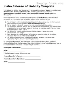 Official  Release of Liability Form for Idaho