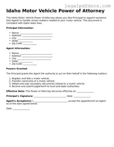 Official  Motor Vehicle Power of Attorney Form for Idaho