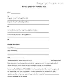 Fill Out a Valid Intent To Lien Florida Template