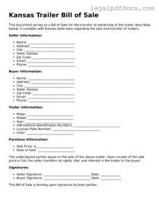 Official  Trailer Bill of Sale Form for Kansas
