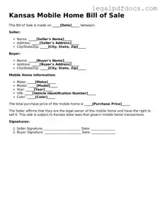 Official  Mobile Home Bill of Sale Form for Kansas