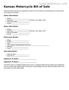 Official  Motorcycle Bill of Sale Form for Kansas