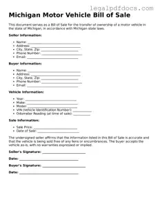 Official  Motor Vehicle Bill of Sale Form for Michigan
