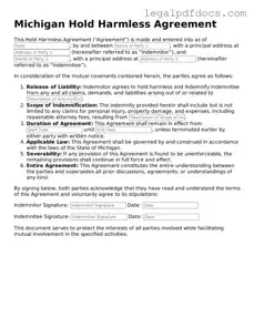 Official  Hold Harmless Agreement Form for Michigan