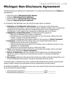 Official  Non-disclosure Agreement Form for Michigan