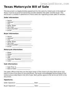 Official  Motorcycle Bill of Sale Form for Texas