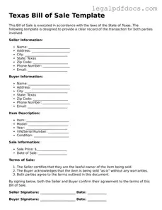 Official  Bill of Sale Form for Texas
