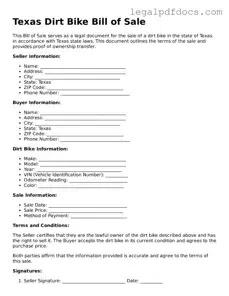 Official  Dirt Bike Bill of Sale Form for Texas